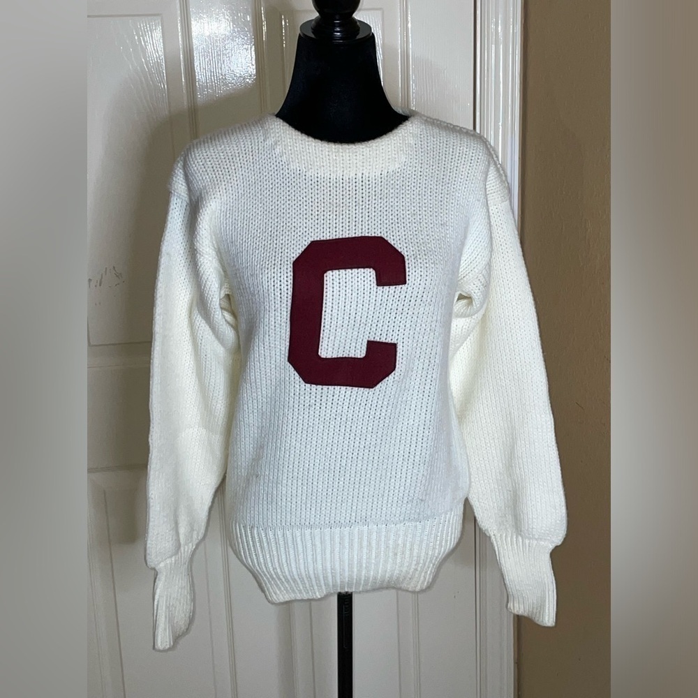 Vtg 40s HANSON BOATNECK SHAKER VARSITY WHITE/MAROON PULLOVER WOOL SWEATER XS‍‍‍‍